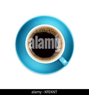 Full cup of black Americano or instant coffee on blue saucer isolated on white background, close up, elevated top view Stock Photo