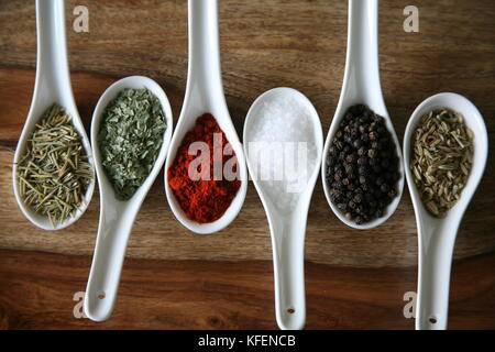 Chinese soup spoons filled with colourful spices Stock Photo