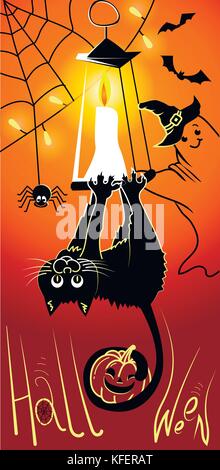 illustration, greeting card, on a Halloween holiday in the form of a funny head-hanging black cat, smiling ghost and pumpkin. Black silhouettes on an  Stock Vector