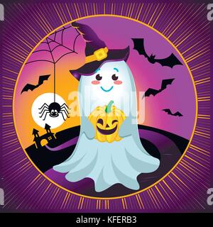 illustration for a Halloween holiday in the form of a smiling, kind ghost holding a pumpkin against the backdrop of flying mice, a spider and a castle Stock Vector