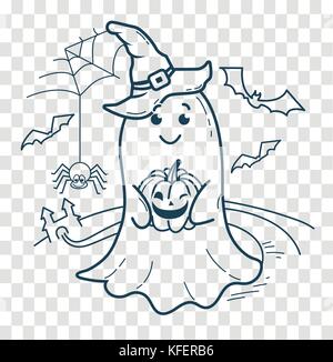illustration for a Halloween holiday in the form of a smiling, kind ghost holding a pumpkin against the backdrop of flying mice, a spider and a castle Stock Vector