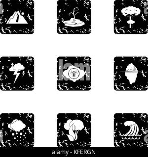 Natural emergency icons set, grunge style Stock Vector
