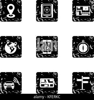 GPS map icons set, grunge style Stock Vector