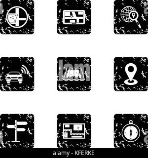 Location icons set, grunge style Stock Vector
