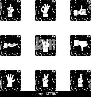 Communication gestures icons set, grunge style Stock Vector