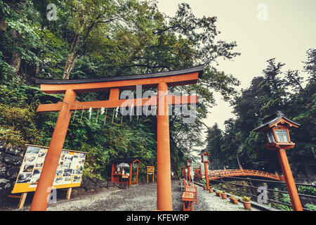 red Torii gate with red wooden Shinkyo bridge and green forest after the rain, the famous landmark of Nikko National Park, Tochigi, Japan. vintage pho Stock Photo