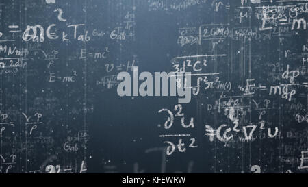 Background shot of blackboard with scientific and algebraic formulas and graphs written on it in graphics. Business concept - sketch with schemes and  Stock Photo