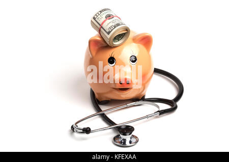 Cute Piggy Bank With Black Stethoscope and Dollar Banknotes Roll Isolated on White Background Stock Photo