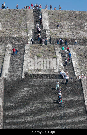 Crowd of tourists climbing the top of Pyramid of the Sun and Pyramid of the Moon on a sunny winter day. Teotihuacan, Mexico City. Mexico