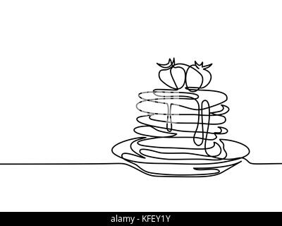 Continuous line drawing. Pancakes with strawberry jam on plate. Vector illustration black line on white background. Stock Vector