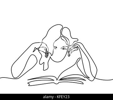Continuous line drawing. Young woman reading book. Vector illustration Stock Vector