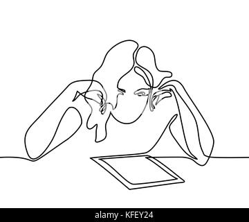 Continuous line drawing. Young woman reading book. Vector illustration Stock Vector