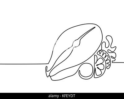 Continuous line drawing. Salmon steak with lemon, tomato and lettuce leaves. Vector illustration black line on white background. Stock Vector