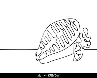 Continuous line drawing. Salmon steak with lemon, tomato and lettuce leaves. Vector illustration black line on white background. Stock Vector