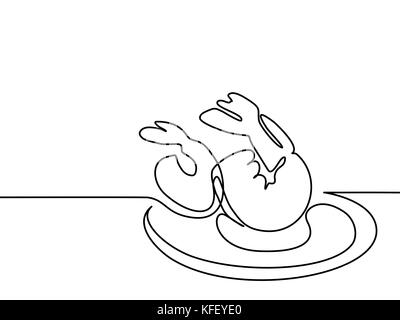 Continuous line drawing. Big Shrimps on plate. Vector illustration black line on white background. Stock Vector