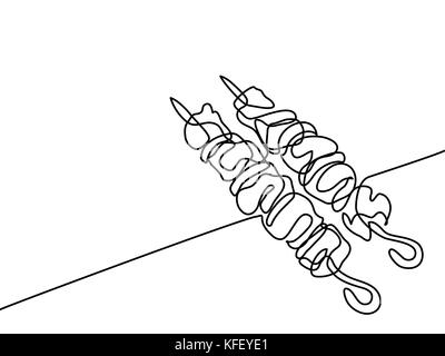 Continuous line drawing. Shish kebab on skewers. Vector illustration black line on white background. Stock Vector