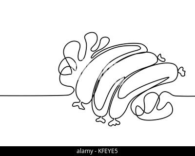 Continuous line drawing. Fried Sausages with lettuce leaves and mushroom. Fast food. Vector illustration black line on white background. Stock Vector
