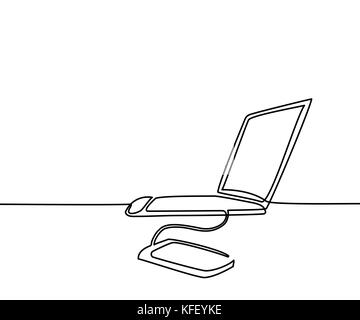 Continuous line drawing. Laptop computer with phone transfer data. Vector illustration Stock Vector