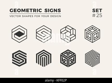 Set of eight minimalistic trendy shapes. Stylish vector logo emblems for Your design. Simple creative geometric signs collection. Stock Vector