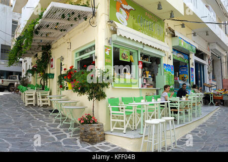 Taverns at the harbour promenade at Naxos-town, Naxos island, Cyclades, Aegean, Greece Stock Photo