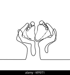 Hands holding baby foot - protection symbol. Continuous line drawing. Vector illustration on white background Stock Vector