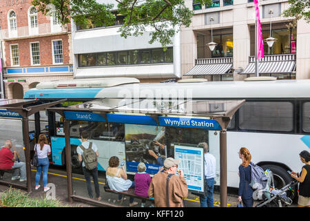 Sydney bus at Wynyard station bus stops in Carrington street,Sydney,Australia Stock Photo