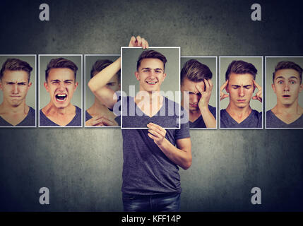 Masked young man expressing different emotions Stock Photo