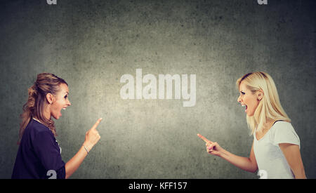 Two angry women fighting screaming at each other Stock Photo