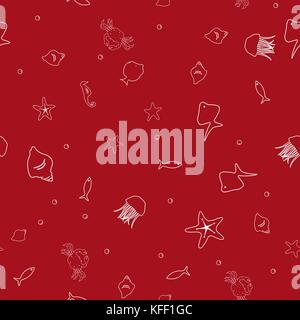 sea vector on red background, seamless pattern Stock Vector