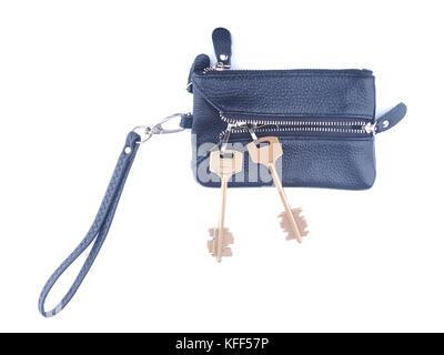 black purse with keys on a white background Stock Photo
