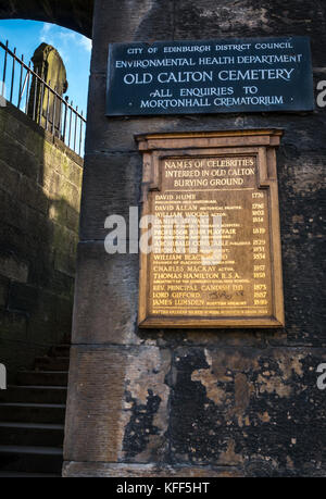 Entrance to Old Calton burying ground cemetery, Edinburgh, Scotland, UK, with a gilt list of names of famous people buried, including David Hume Stock Photo