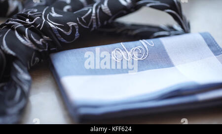 Fragment of a men's shirt with a tie on floor. men's tie and handkerchief. Men's suits dress accessories pocket towel solid color scarf handkerchief Stock Photo