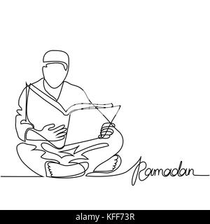 Man in fez reading Koran. Continuous line drawing vector illustration Stock Vector