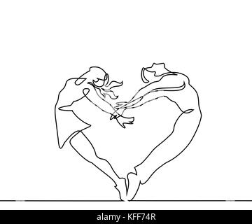 Continuous line drawing. Two people couple make heart in jump. Vector illustration Stock Vector