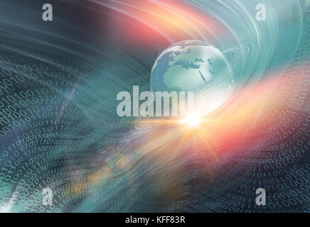 Graphical Digital Technology World Background, Waving Lines Passing Through Digital Space. Stock Photo