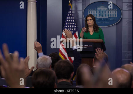 Washington DC, USA. 27th Oct, 2017. White House press secretary Sarah Huckabee Sanders takes questions from reporters at the White House, Friday, October 27, 2017. Credit: Michael Candelori/Alamy Live News Stock Photo