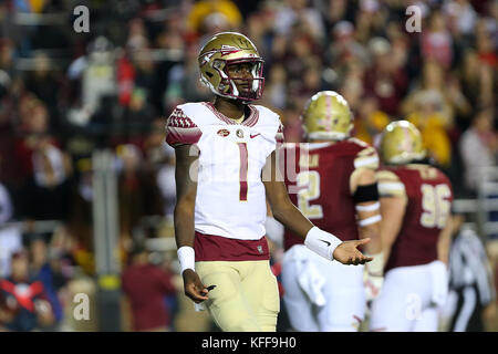 Alumni Stadium. 27th Oct, 2017. MA, USA; Florida State Seminoles quarterback James Blackman (1) reacts during the NCAA football game between Florida State Seminoles and Boston College Eagles at Alumni Stadium. Boston College defeated Florida State 35-3. Anthony Nesmith/CSM/Alamy Live News Stock Photo