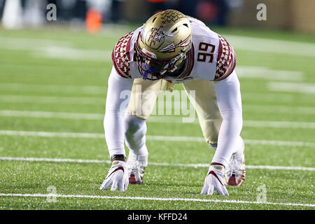 Alumni Stadium. 27th Oct, 2017. MA, USA; Florida State Seminoles defensive end Brian Burns (99) in action during the NCAA football game between Florida State Seminoles and Boston College Eagles at Alumni Stadium. Boston College defeated Florida State 35-3. Anthony Nesmith/CSM/Alamy Live News Stock Photo