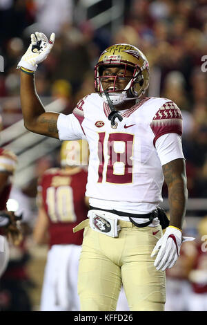 Alumni Stadium. 27th Oct, 2017. MA, USA; Florida State Seminoles wide receiver Auden Tate (18) during the NCAA football game between Florida State Seminoles and Boston College Eagles at Alumni Stadium. Boston College defeated Florida State 35-3. Anthony Nesmith/CSM/Alamy Live News Stock Photo