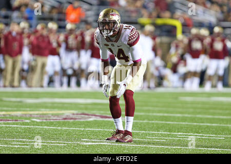 Alumni Stadium. 27th Oct, 2017. MA, USA; Florida State Seminoles defensive back Kyle Meyers (14) in action during the NCAA football game between Florida State Seminoles and Boston College Eagles at Alumni Stadium. Boston College defeated Florida State 35-3. Anthony Nesmith/CSM/Alamy Live News Stock Photo