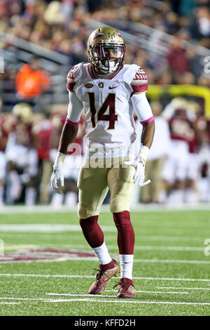 Alumni Stadium. 27th Oct, 2017. MA, USA; Florida State Seminoles defensive back Kyle Meyers (14) in action during the NCAA football game between Florida State Seminoles and Boston College Eagles at Alumni Stadium. Boston College defeated Florida State 35-3. Anthony Nesmith/CSM/Alamy Live News Stock Photo