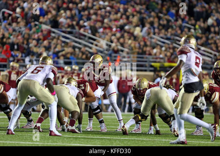 Alumni Stadium. 27th Oct, 2017. MA, USA; Boston College Eagles quarterback Anthony Brown (13) in action during the NCAA football game between Florida State Seminoles and Boston College Eagles at Alumni Stadium. Boston College defeated Florida State 35-3. Anthony Nesmith/CSM/Alamy Live News Stock Photo