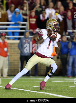 Alumni Stadium. 27th Oct, 2017. MA, USA; Florida State Seminoles quarterback James Blackman (1) prepares to throw during the NCAA football game between Florida State Seminoles and Boston College Eagles at Alumni Stadium. Boston College defeated Florida State 35-3. Anthony Nesmith/CSM/Alamy Live News Stock Photo