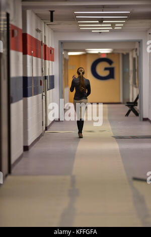 Washington, DC, USA. 27th Oct, 2017. A rider walks down the hall of the basement of the Capital One Arena in Washington, DC. Credit: Amy Sanderson/ZUMA Wire/Alamy Live News Stock Photo