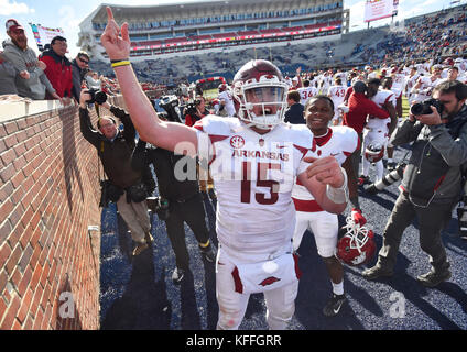 Oxford, MS, USA. 28th Oct, 2017. Arkansas quarterback Cole Kelley celebrates with fans after winning a NCAA college football game against the Mississippi Rebels on October 28, 2017, at Vaught-Hemmingway Stadium in Oxford, MS. Arkansas won 38-37. Austin McAfee/CSM/Alamy Live News Stock Photo