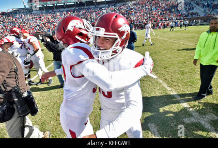 Oxford, MS, USA. 28th Oct, 2017. Arkansas kicker Connor Limpert (right) is hugged by a teammate after kicking a game winning field goal against the Mississippi Rebels in a NCAA college football game on October 28, 2017, at Vaught-Hemmingway Stadium in Oxford, MS. Arkansas won 38-37. Austin McAfee/CSM/Alamy Live News Stock Photo