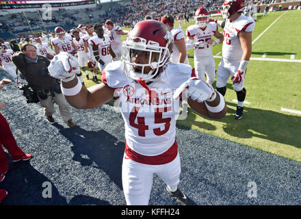 Oxford, MS, USA. 28th Oct, 2017. Arkansas linebacker Josh Harris celebrates after winning a NCAA college football game against the Mississippi Rebels on October 28, 2017, at Vaught-Hemmingway Stadium in Oxford, MS. Arkansas won 38-37. Austin McAfee/CSM/Alamy Live News Stock Photo