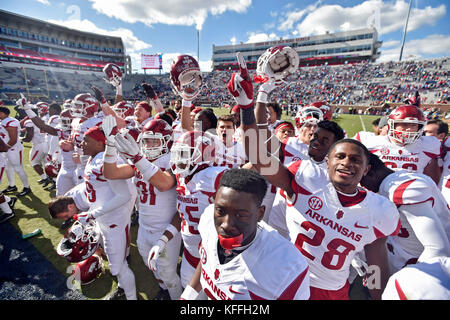 Oxford, MS, USA. 28th Oct, 2017. Several Arkansas players gather to celebrate a win against the Mississippi Rebels in a NCAA college football game on October 28, 2017, at Vaught-Hemmingway Stadium in Oxford, MS. Arkansas won 38-37. Austin McAfee/CSM/Alamy Live News Stock Photo