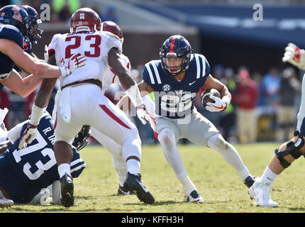 Oxford, MS, USA. 28th Oct, 2017. Mississippi running back Jordan Wilkins (22) looks for a block during the fourth quarter of a NCAA college football game against the Arkansas Razorbacks on October 28, 2017, at Vaught-Hemmingway Stadium in Oxford, MS. Arkansas won 38-37. Austin McAfee/CSM/Alamy Live News Stock Photo