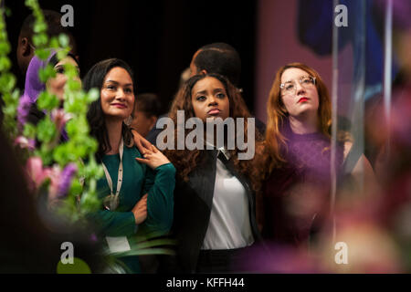 Detroit, Michigan, USA. 28th Oct, 2017. (L-R) Linda Sarsour, Carmen Perez, Tamika Mallory, and Bob Bland, the National Co-Chairs of the Women’s March, listen on as Congresswoman Maxine Waters speaks at the Sojourner Truth Lunch during the Women’s Convention held at the Cobo Center, Detroit Michigan, Saturday, October 28, 2017 Credit: Theresa Scarbrough/Alamy Live News Stock Photo